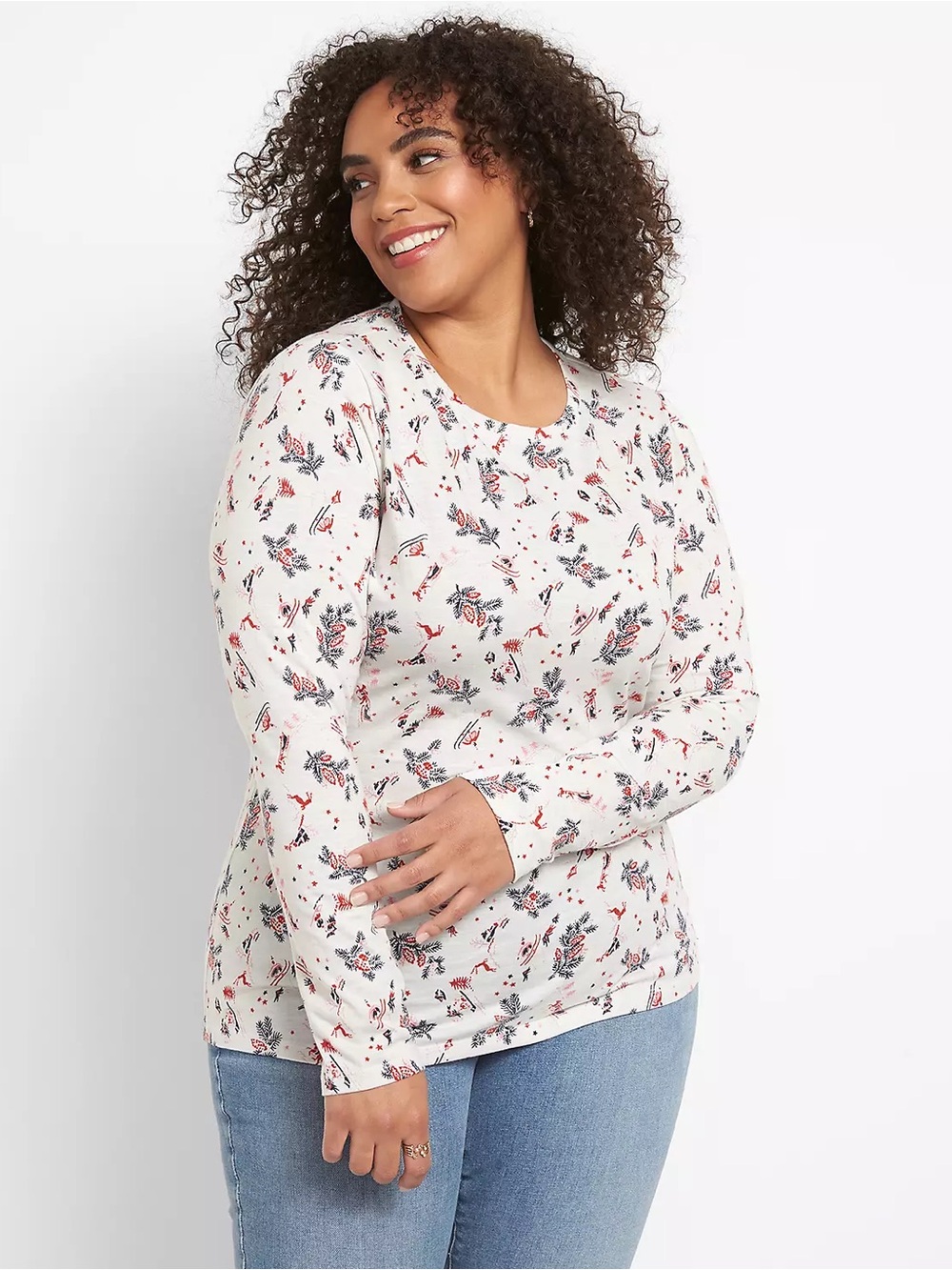 Lane Bryant Long Sleeve T Shirt Plus Size 26 28 Cotton Blend Snowy Print New NWT